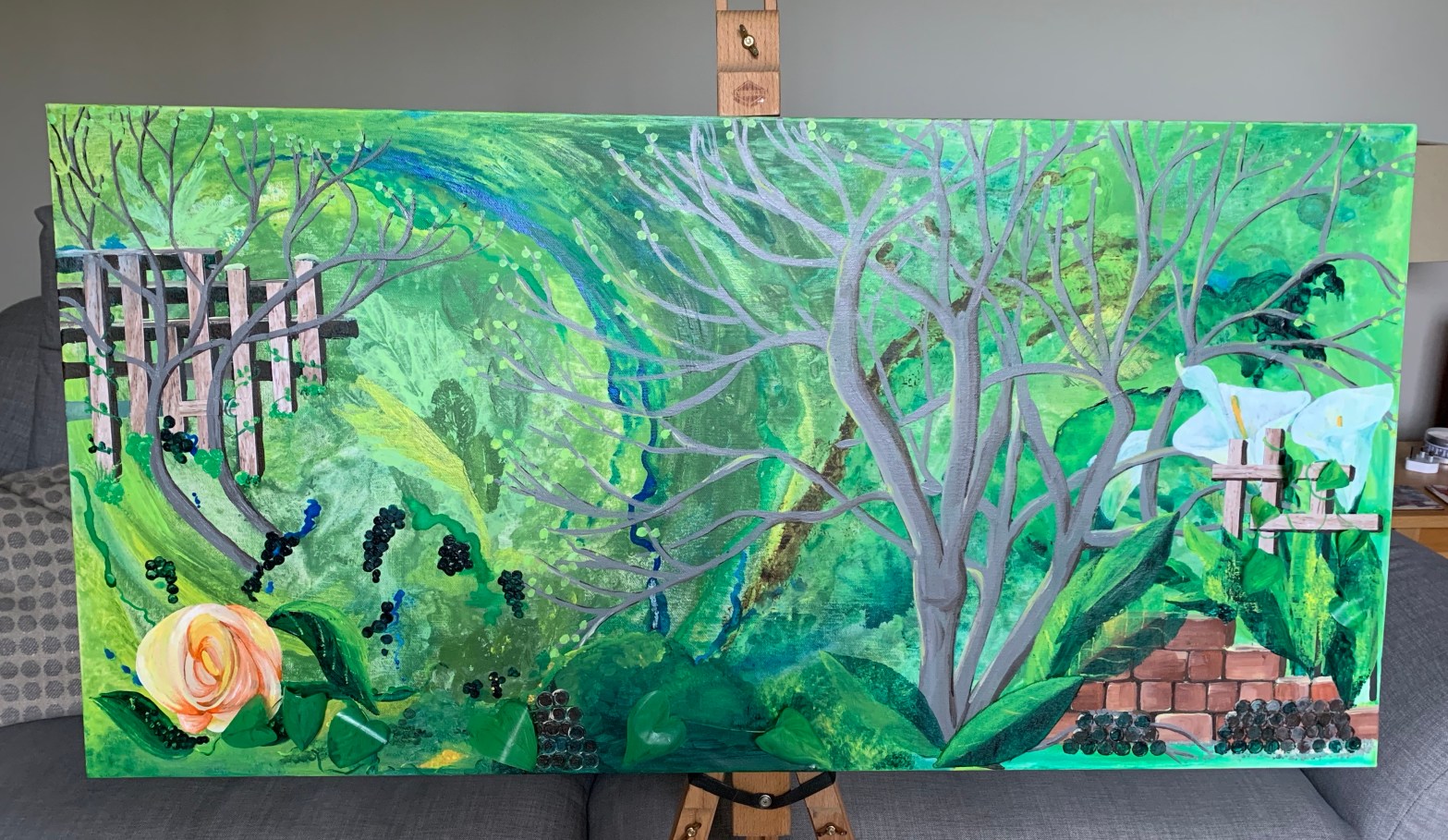 Full size photo of finished painting acrylic on large canvas 100x50 cm topic of garden and feelings during COVID19